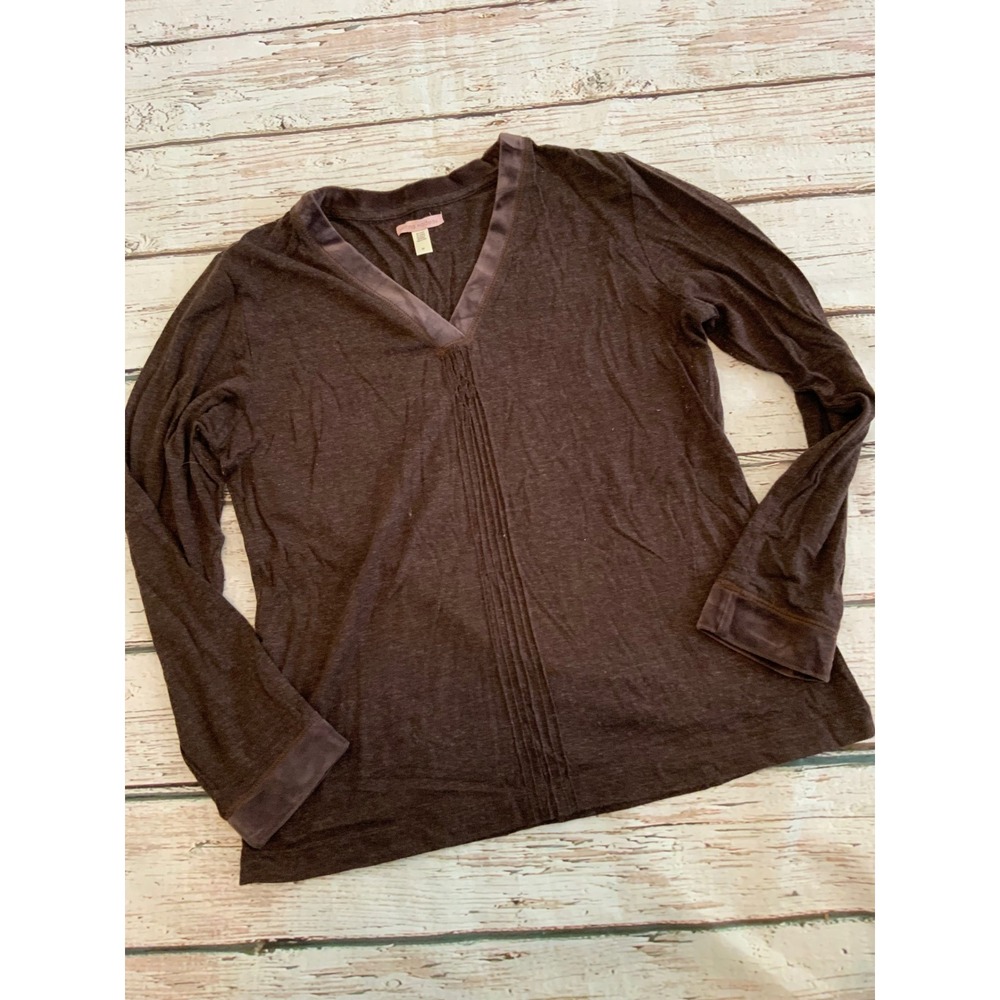 Donna Nadeau Brown Angora Blend V-Neck Top Velour Trim Pintuck Vintage Womens M